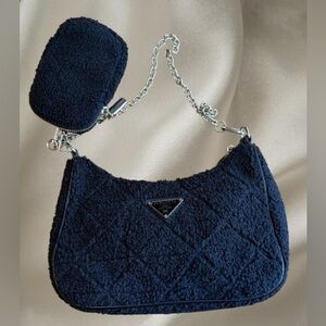 Prada Navy Quilted Shearling Shoulder Bag with Coin Pouch